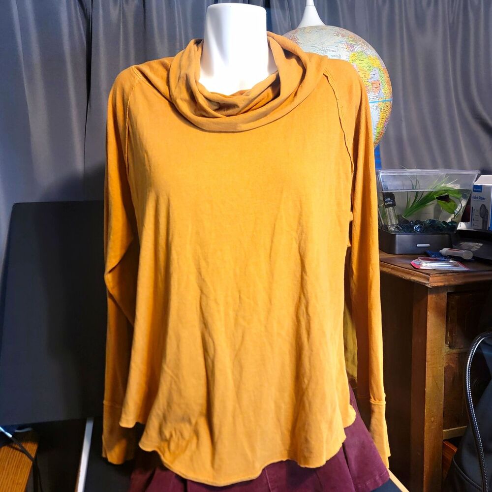 We The Free Women's Cowl Neck Long Sleeve Cotton Knit Raw Hem Top Brown XS